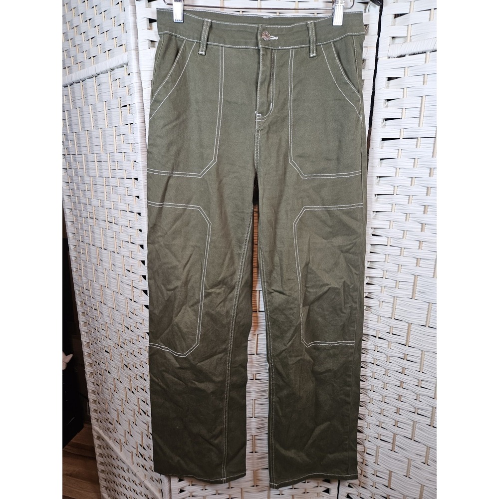 Womens Size 6 Khaki Green White Stitched Pants Casual Grunge